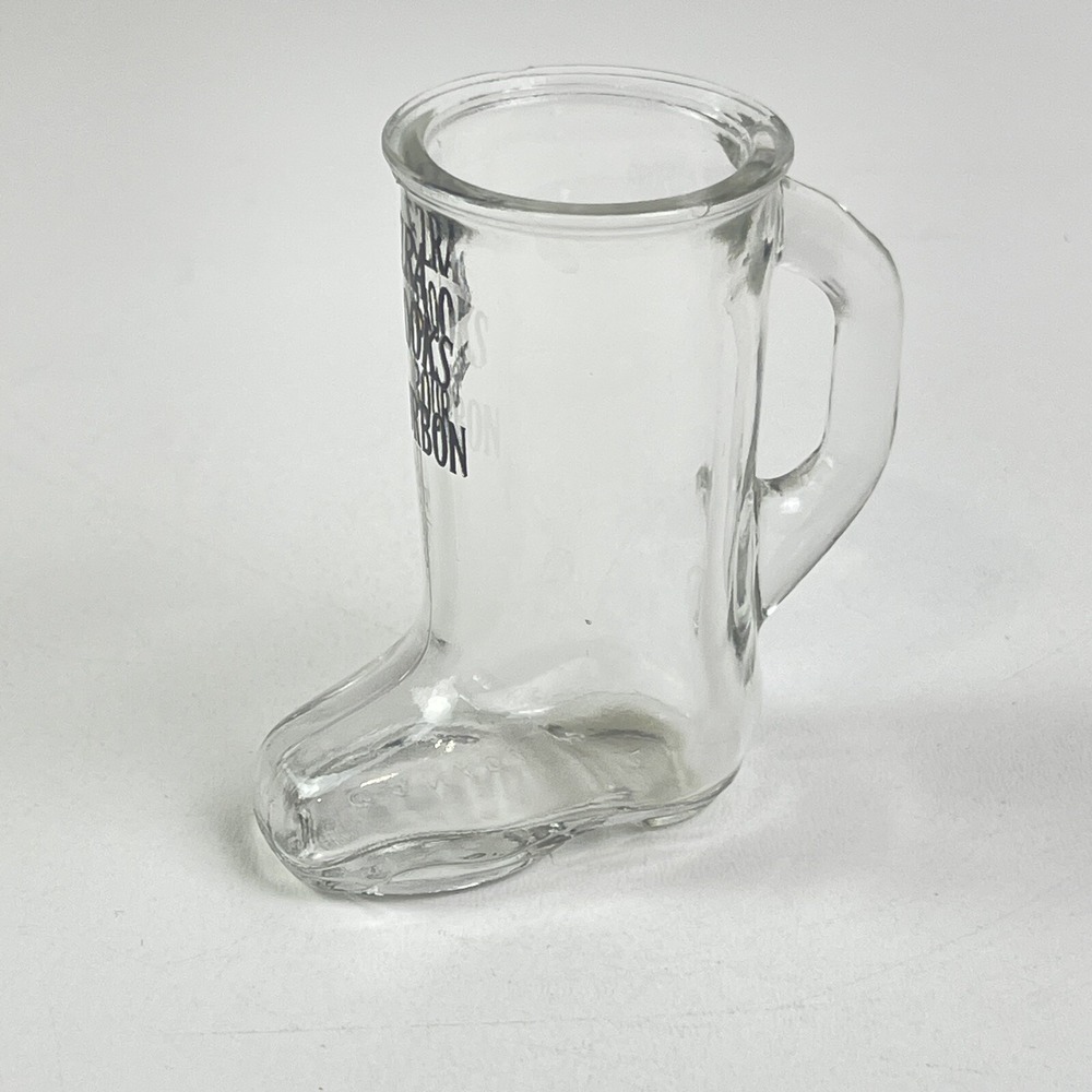 Ezra Brooks Bourbon Boot Shaped Clear Handled Black Logo Shot Glass Canada 7